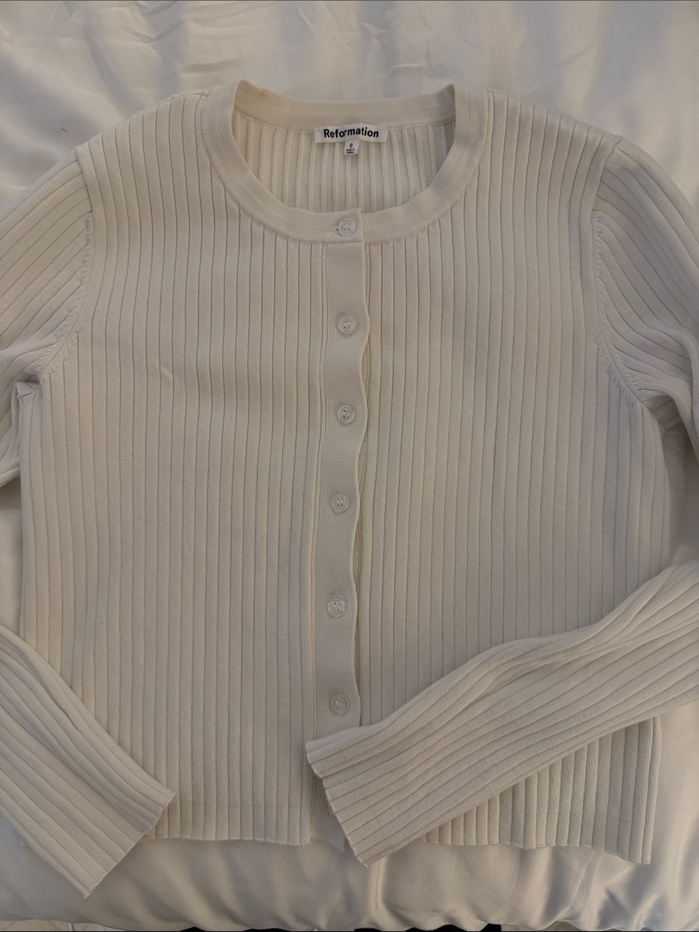 Reformation Cream Ribbed Button-Front Cardigan